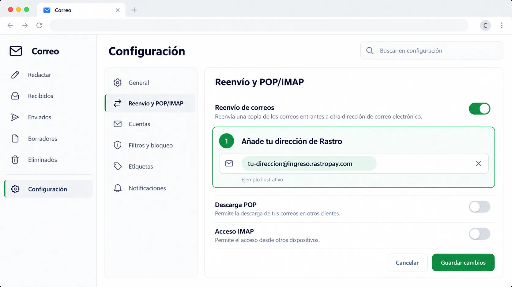 Ejemplo ilustrativo de configuración de reenvío hacia una dirección de Rastro. Ejemplo ilustrativo de configuración de reenvío hacia una dirección de Rastro.