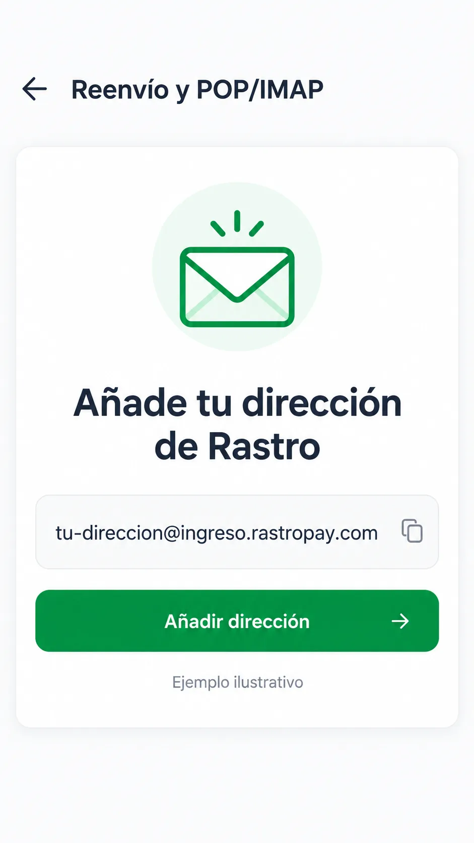 Ejemplo ilustrativo móvil de configuración de reenvío hacia una dirección de Rastro. Ejemplo ilustrativo móvil de configuración de reenvío hacia una dirección de Rastro.