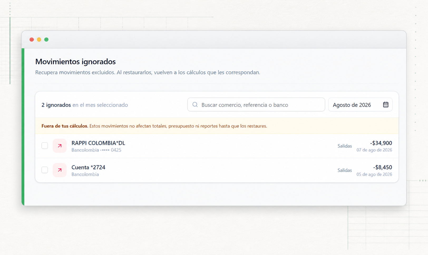 Vista de movimientos ignorados con búsqueda, mes seleccionado y dos movimientos excluidos.